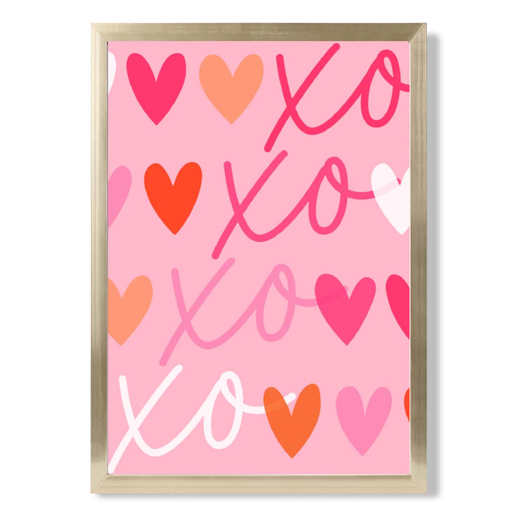 XOXO Pink Colourful Hearts print in Gold Wooden Frame