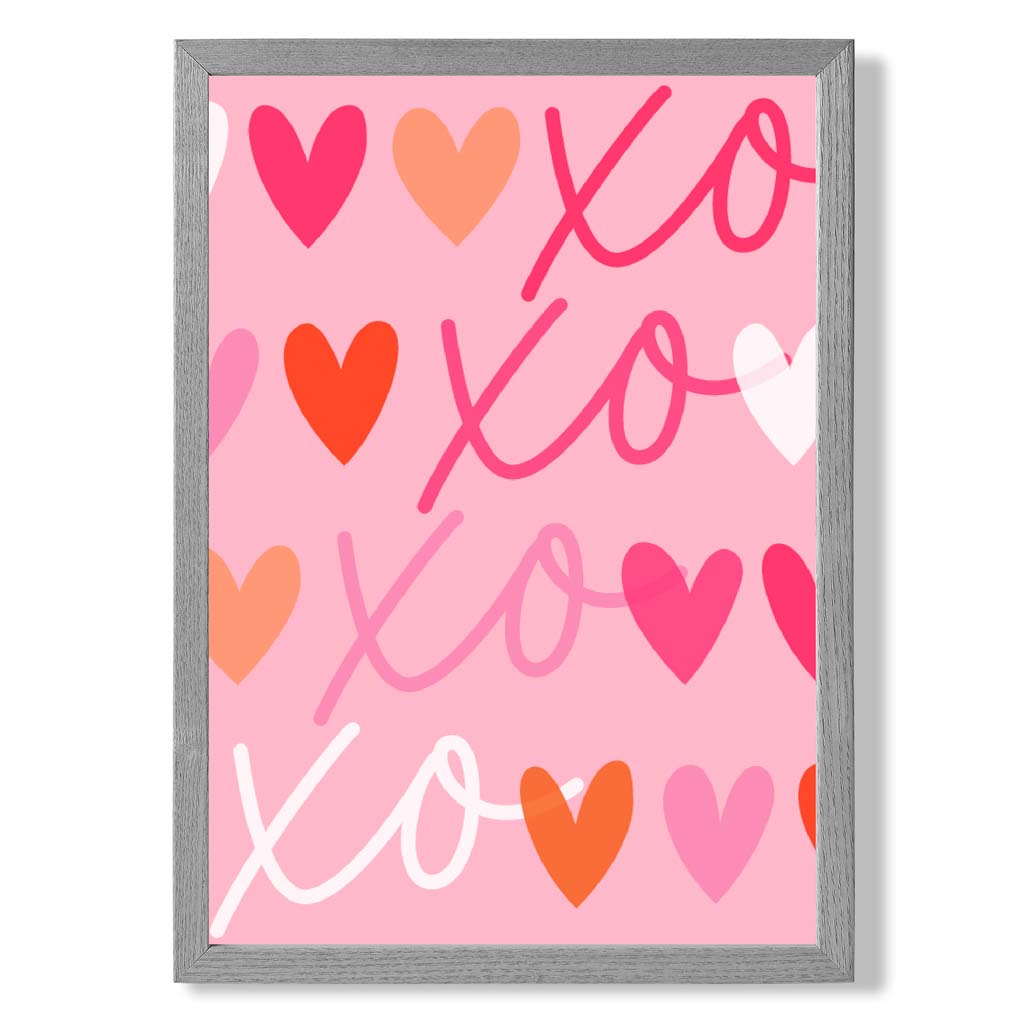 XOXO Pink Colourful Hearts print in Light Grey Wooden Frame