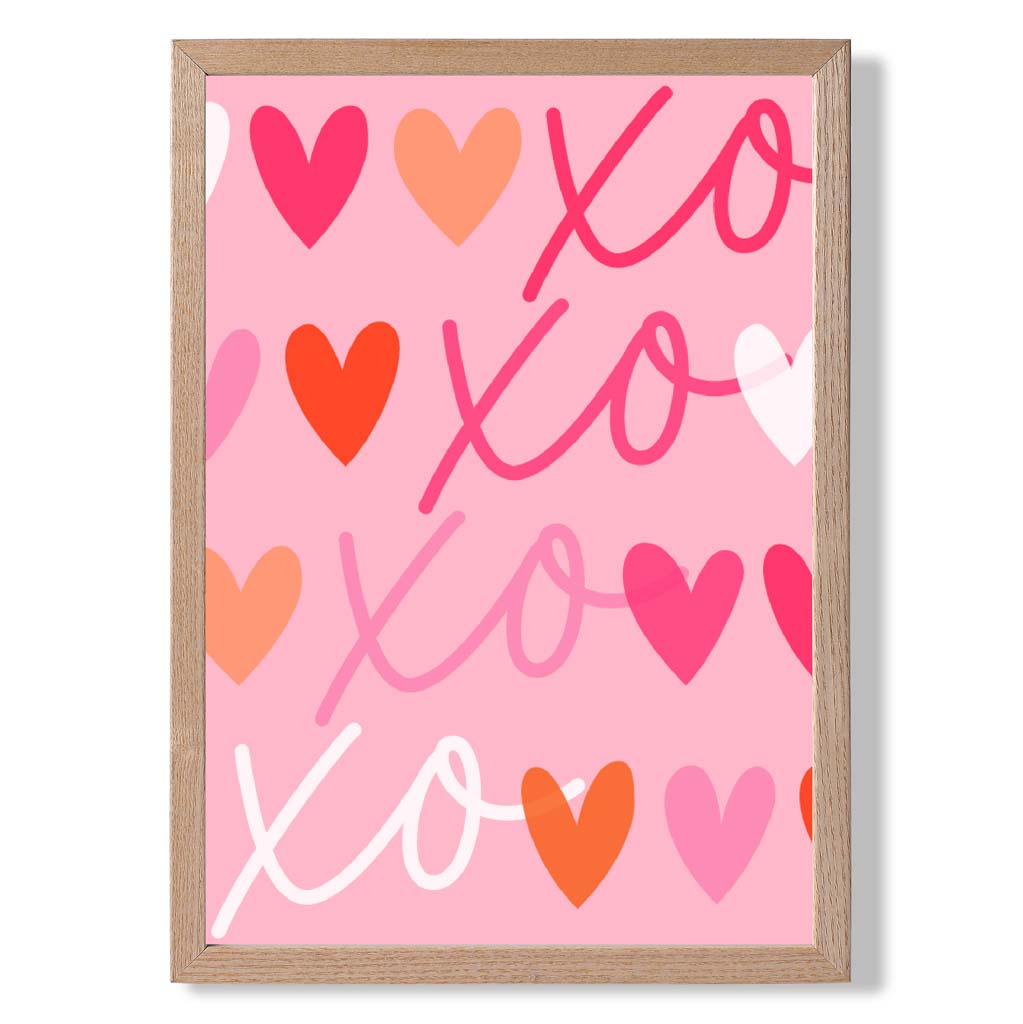 XOXO Pink Colourful Hearts print in Light Oak Wooden Frame