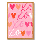 XOXO Pink Colourful Hearts print in Oak Wooden Frame