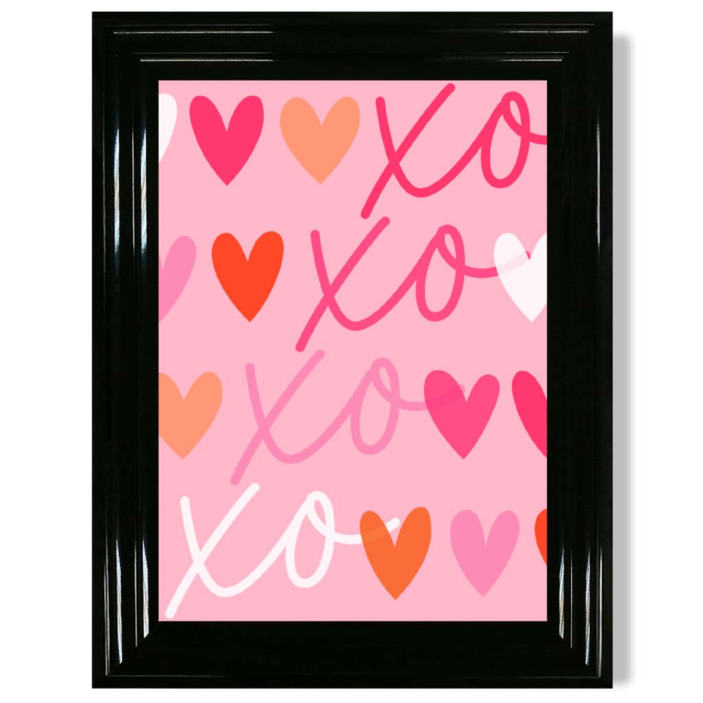 XOXO Pink Colourful Hearts print in Black Glossy Frame