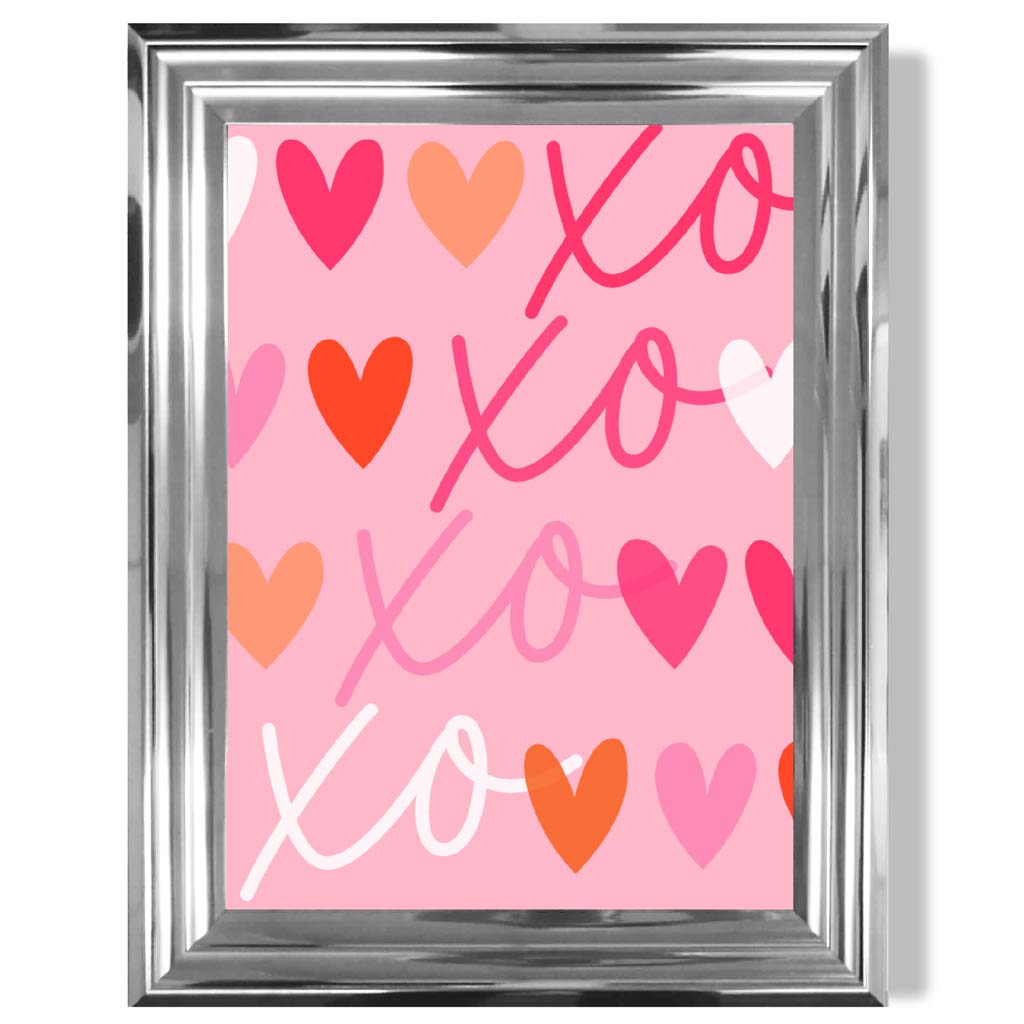 XOXO Pink Colourful Hearts print in Chrome Glossy Frame