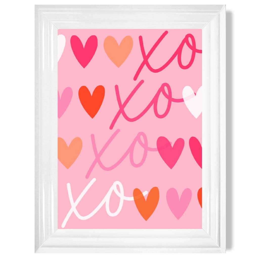 XOXO Pink Colourful Hearts print in White Glossy Frame