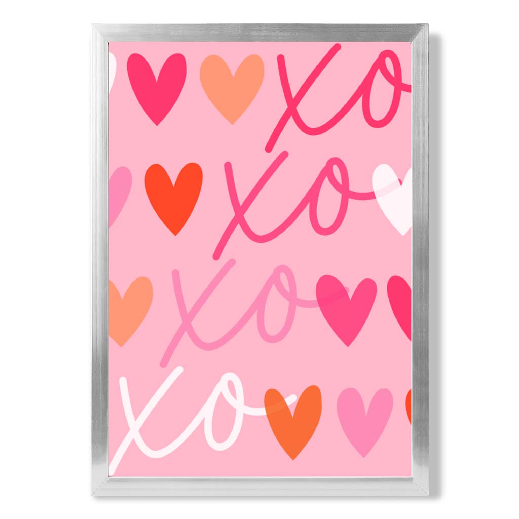 XOXO Pink Colourful Hearts print in Silver Wooden Frame