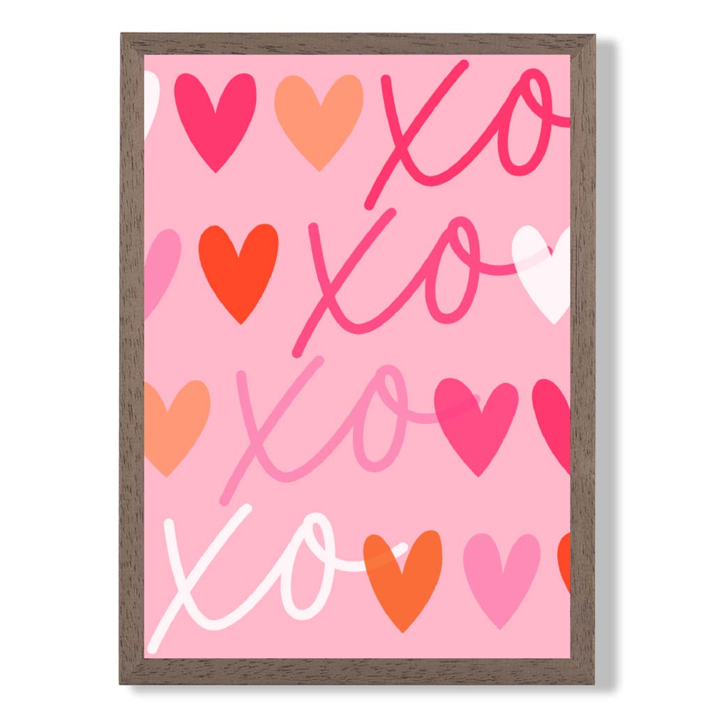 XOXO Pink Colourful Hearts print in Walnut Wooden Frame