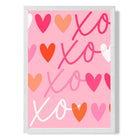 XOXO Pink Colourful Hearts print in White Wooden Frame