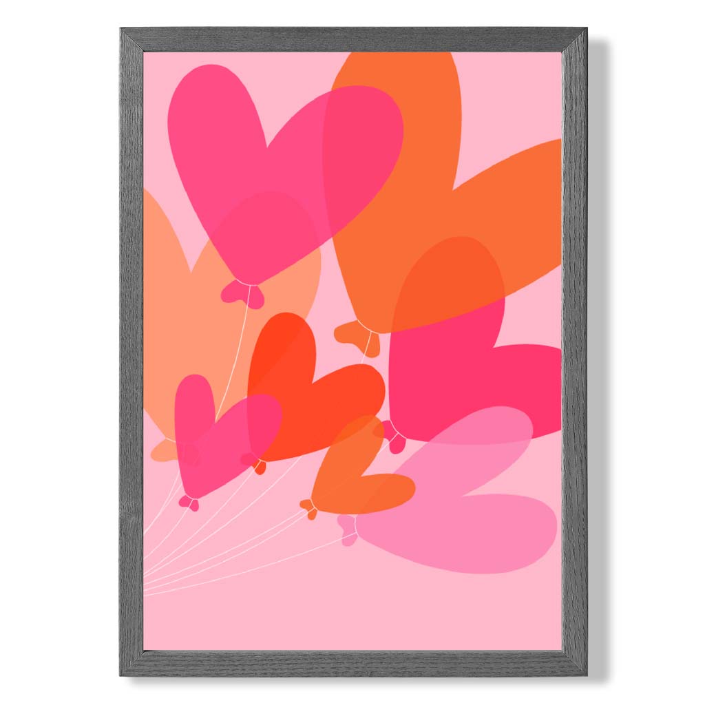 Pink Colourful Heart Balloons print in Dark Grey Wooden Frame