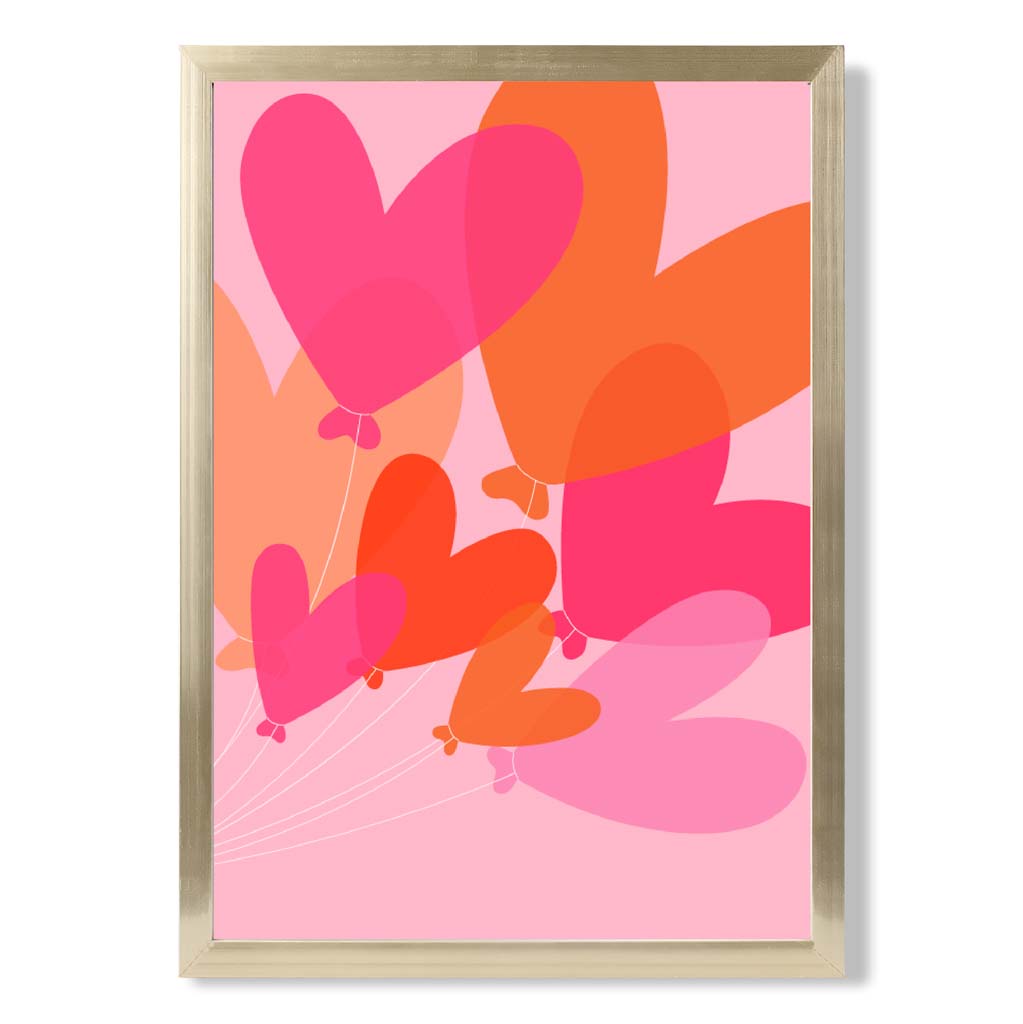 Pink Colourful Heart Balloons print in Gold Wooden Frame