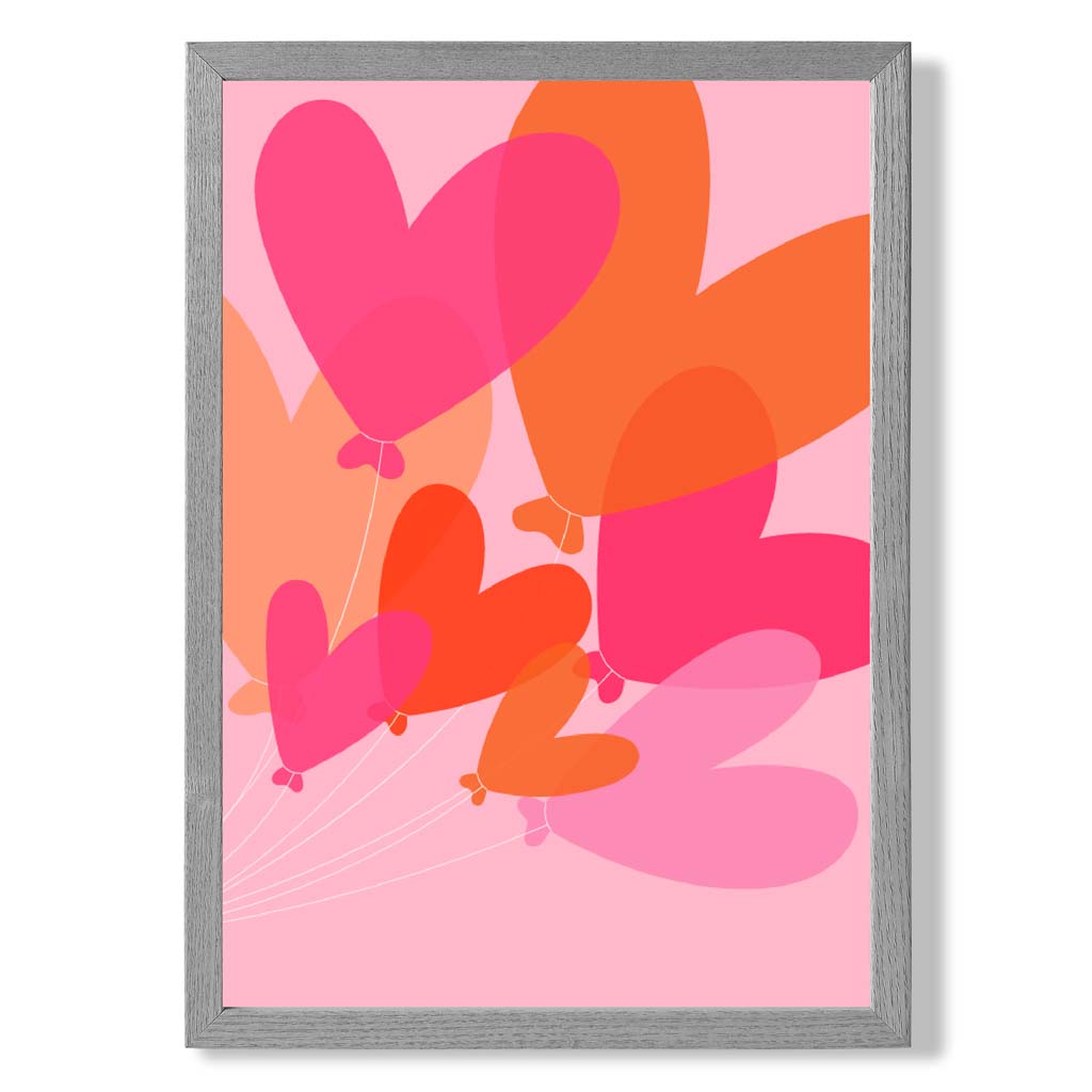 Pink Colourful Heart Balloons print in Light Grey Wooden Frame