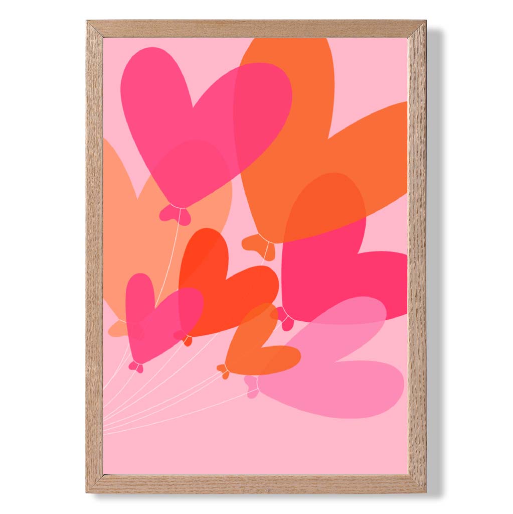 Pink Colourful Heart Balloons print in Light Oak Wooden Frame