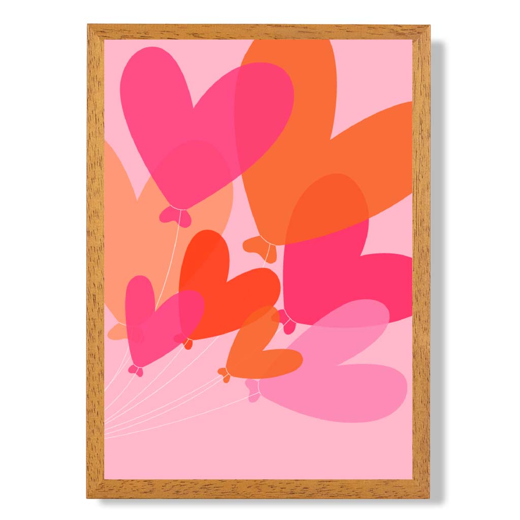 Pink Colourful Heart Balloons print in Oak Wooden Frame