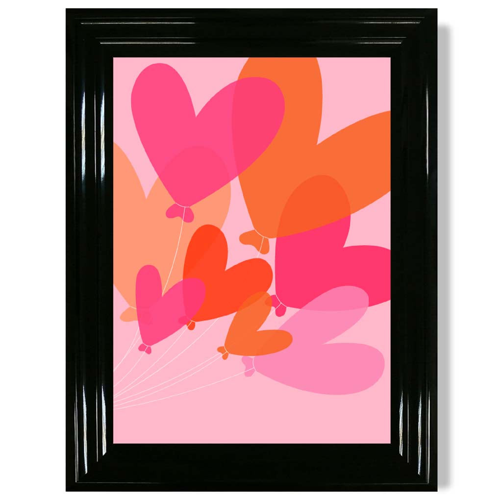 Pink Colourful Heart Balloons print in Black Glossy Frame