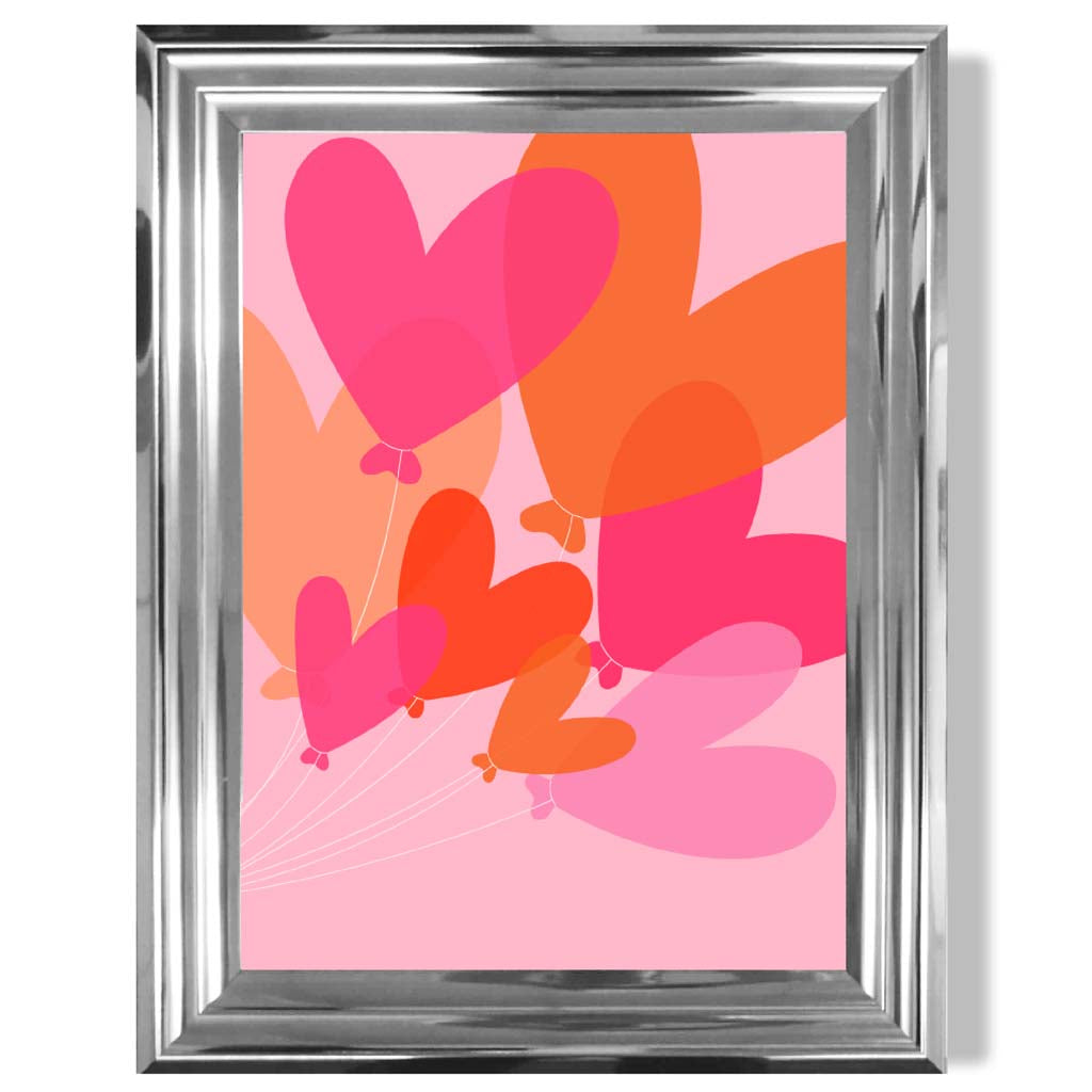 Pink Colourful Heart Balloons print in Chrome Glossy Frame