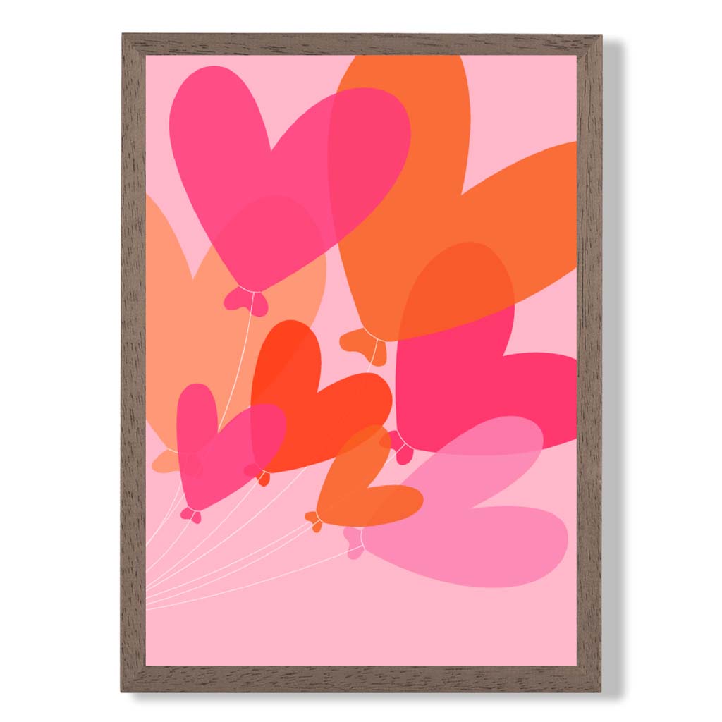 Pink Colourful Heart Balloons print in Walnut Wooden Frame