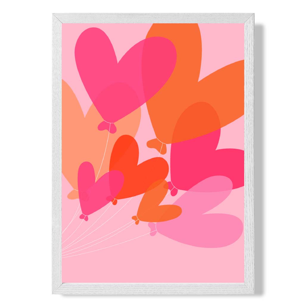 Pink Colourful Heart Balloons print in White Wooden Frame