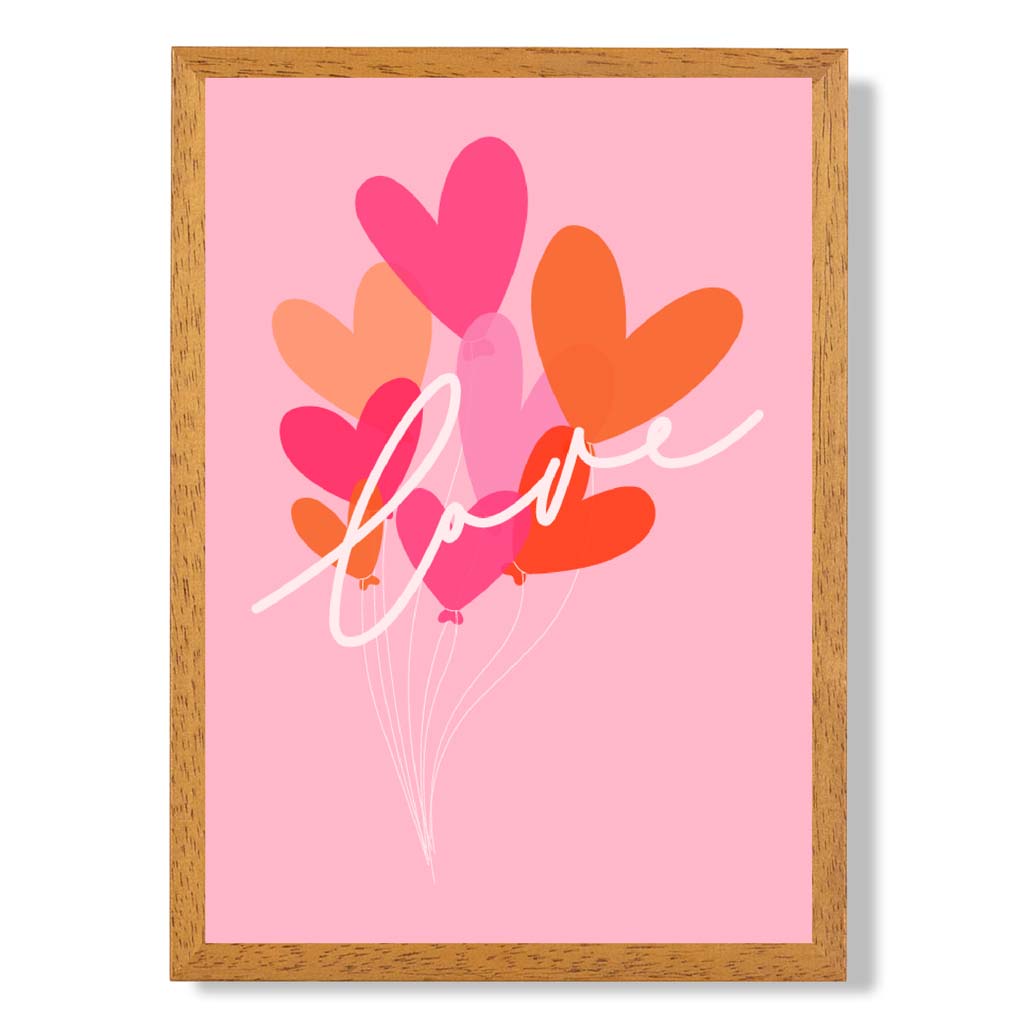 Pink Colourful Love Hearts print in Oak Wooden Frame