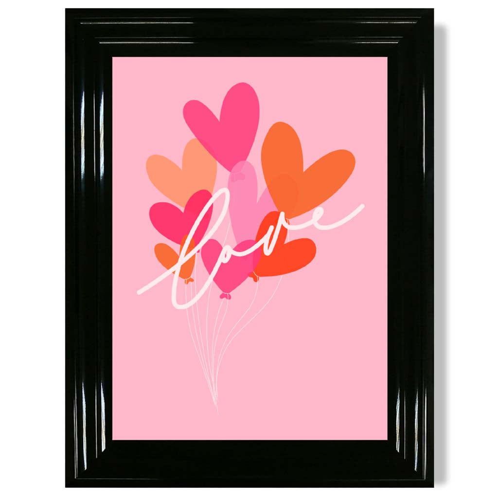 Pink Colourful Love Hearts print in Black Glossy Frame