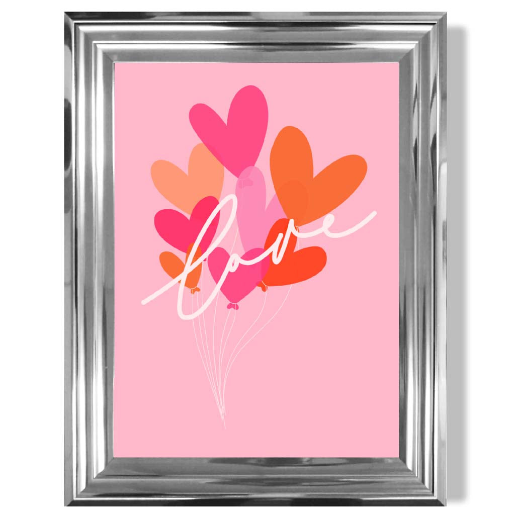 Pink Colourful Love Hearts print in Chrome Glossy Frame