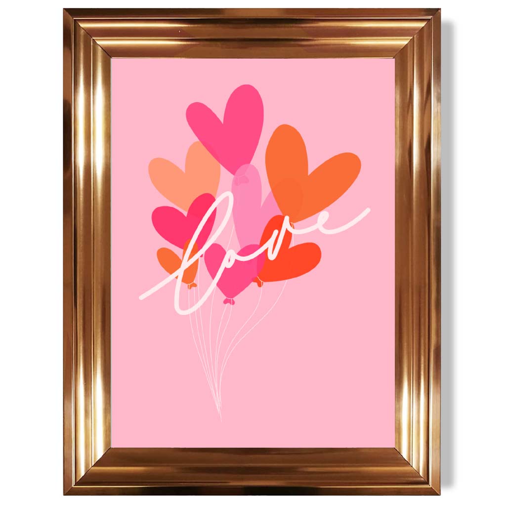 Pink Colourful Love Hearts print in Copper Glossy Frame