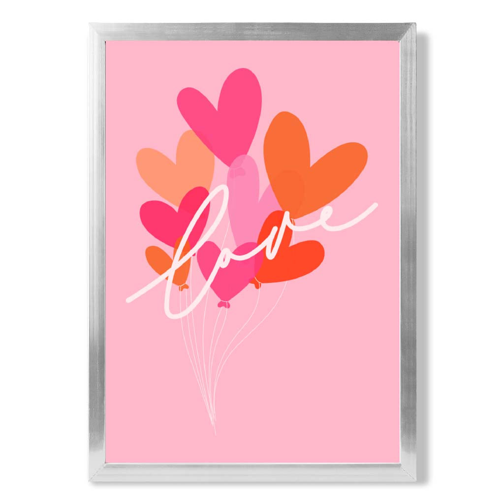 Pink Colourful Love Hearts print in Silver Wooden Frame