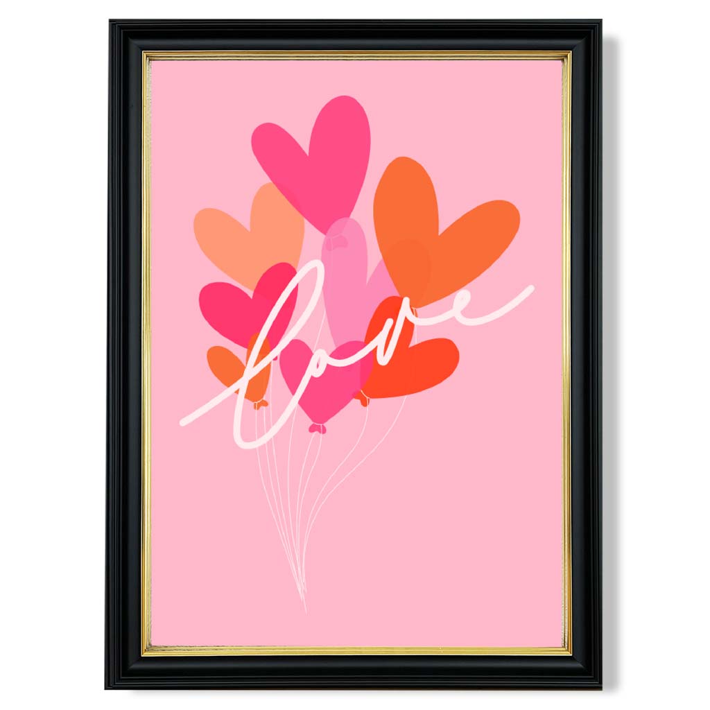 Pink Colourful Love Hearts print in Black and Gold Frame