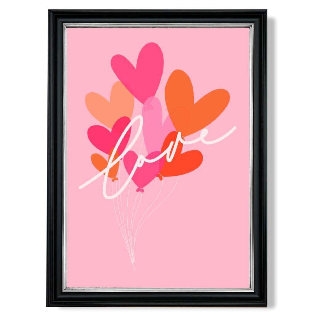 Pink Colourful Love Hearts print in Black and silver Frame