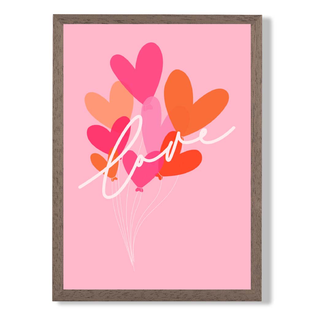 Pink Colourful Love Hearts print in Walnut Wooden Frame