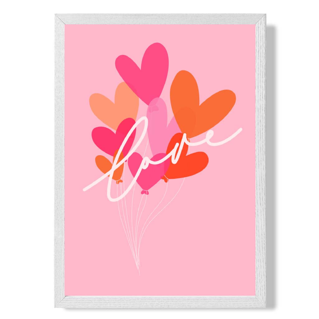 Pink Colourful Love Hearts print in White Wooden Frame