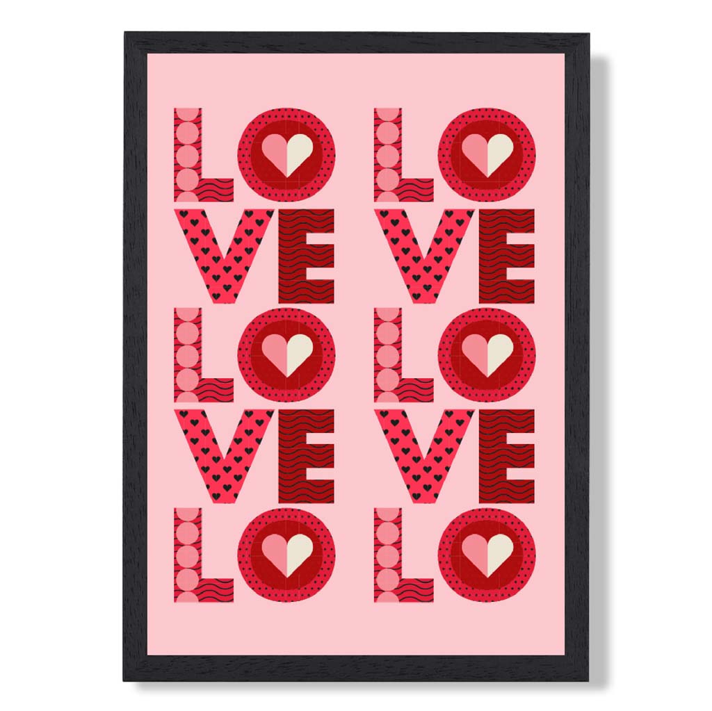 Retro Patterned Lots of LOVE  print in Black Wooden Frame