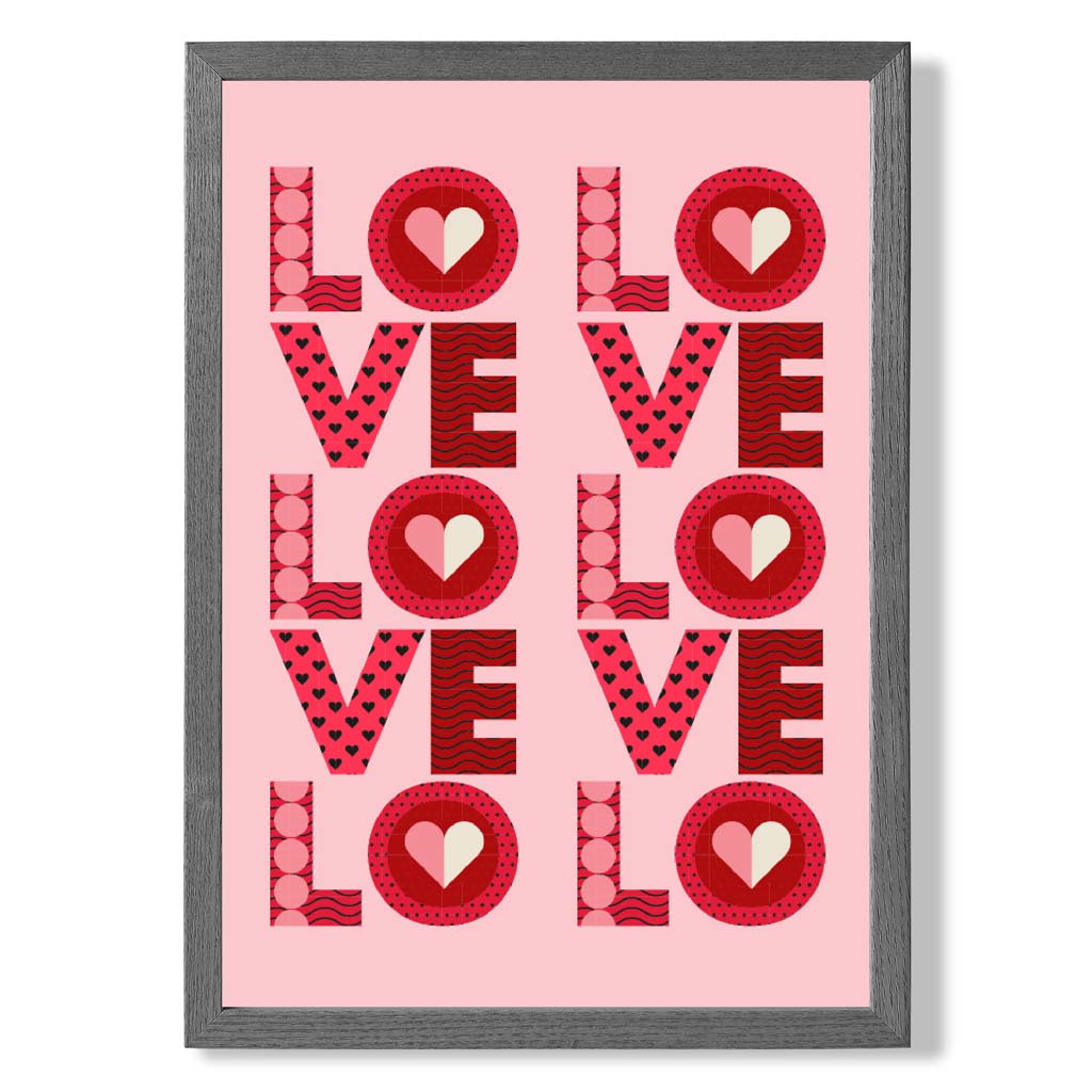 Retro Patterned Lots of LOVE  print in Dark Grey Wooden Frame