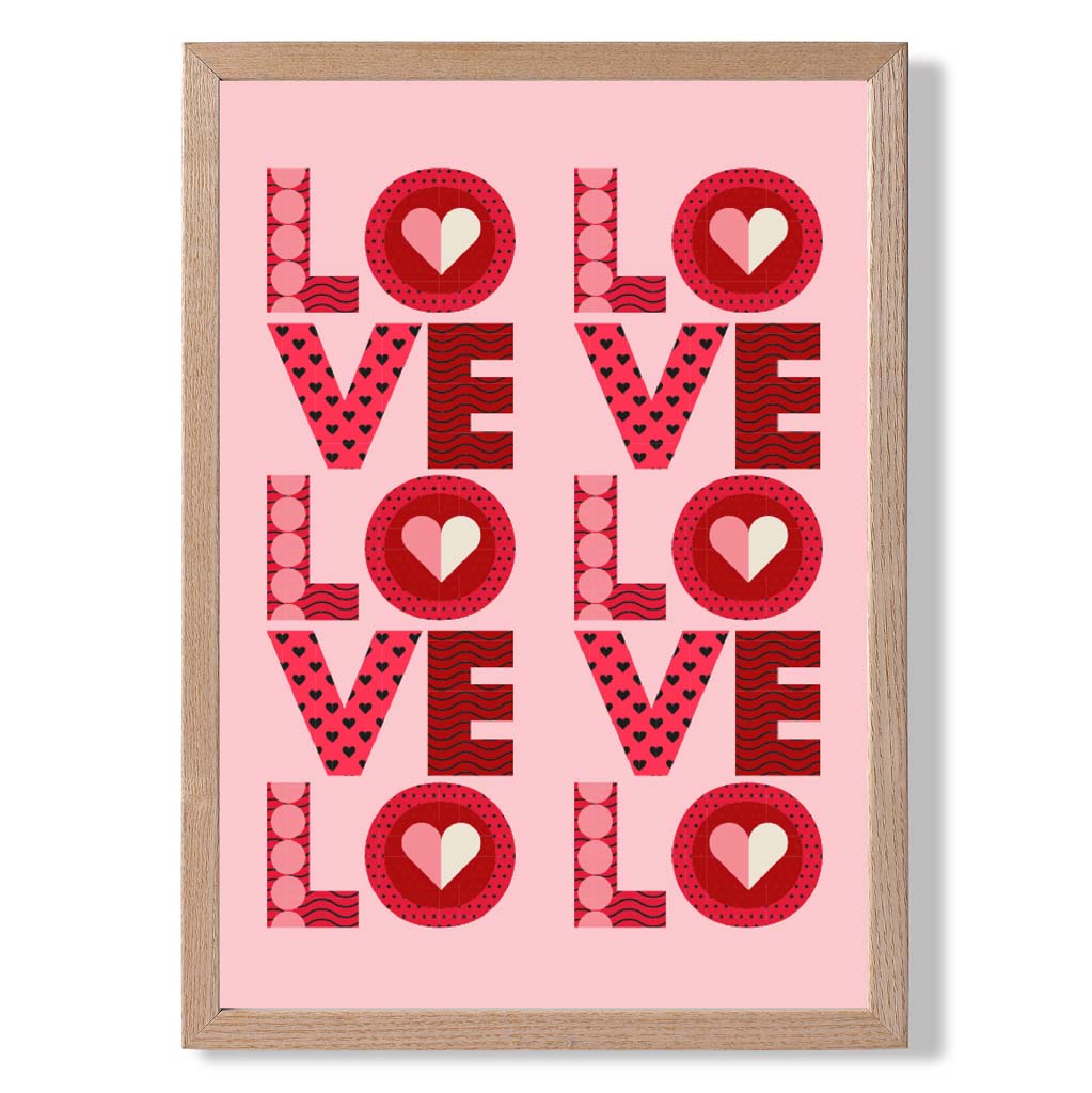 Retro Patterned Lots of LOVE  print in Light Oak Wooden Frame