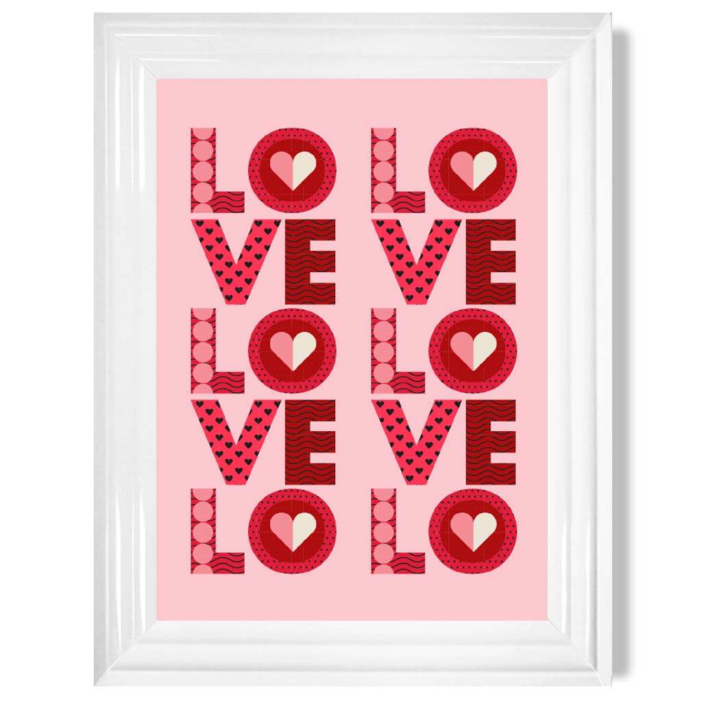 Retro Patterned Lots of LOVE  print in White Glossy Frame