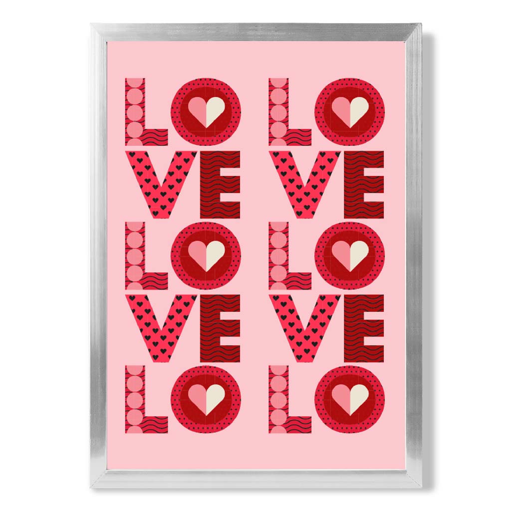 Retro Patterned Lots of LOVE  print in Silver Wooden Frame