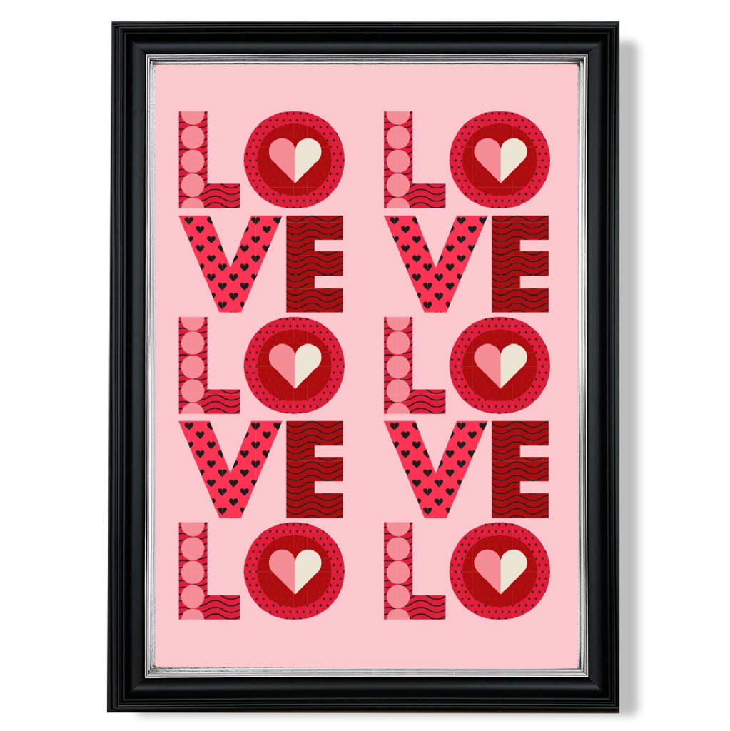 Retro Patterned Lots of LOVE  print in Black and silver Frame