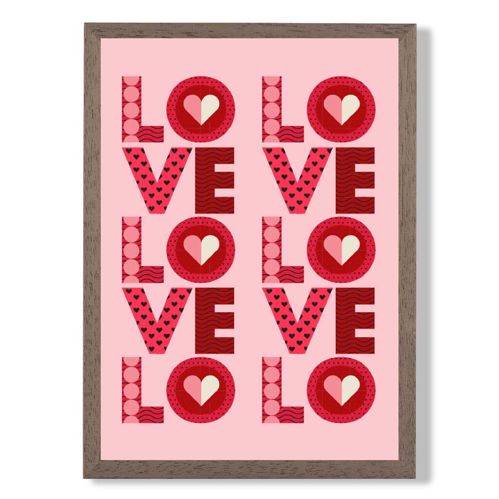 Retro Patterned Lots of LOVE  print in Walnut Wooden Frame