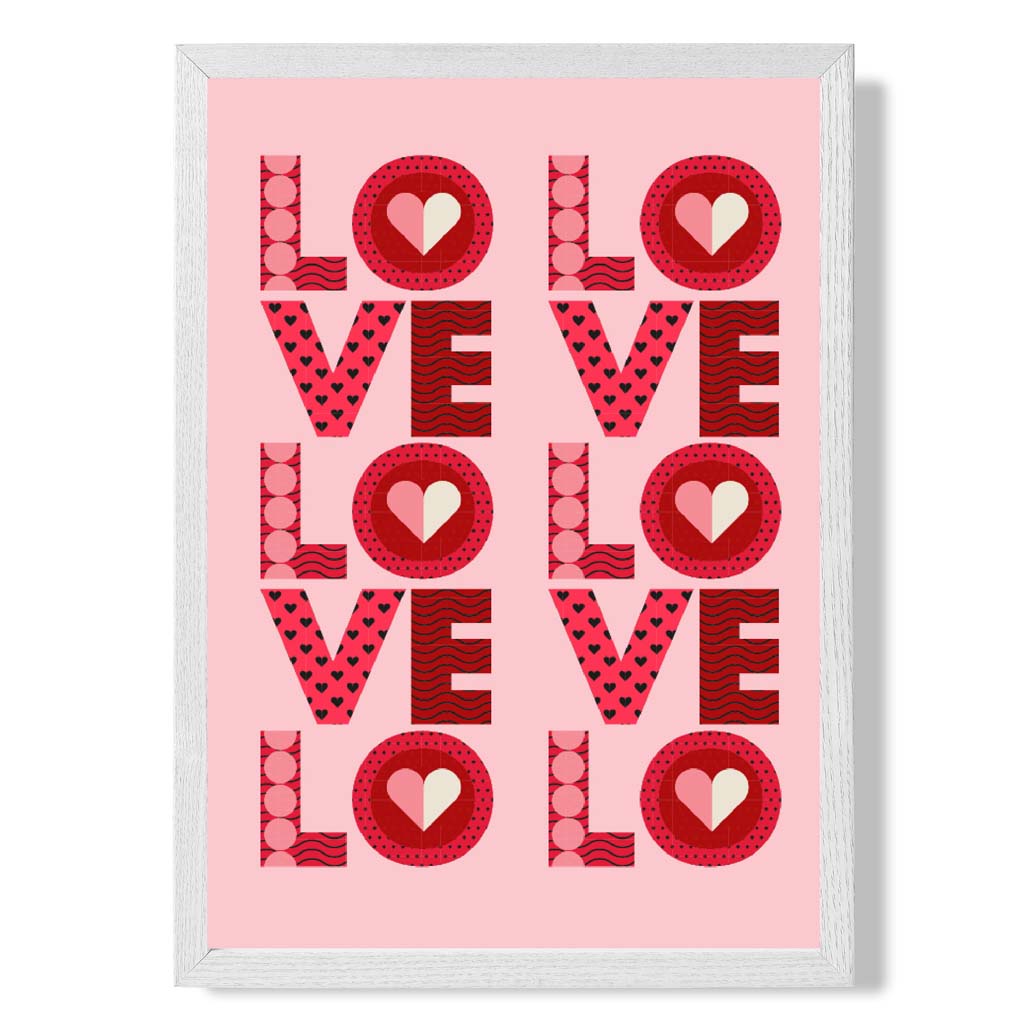 Retro Patterned Lots of LOVE  print in White Wooden Frame