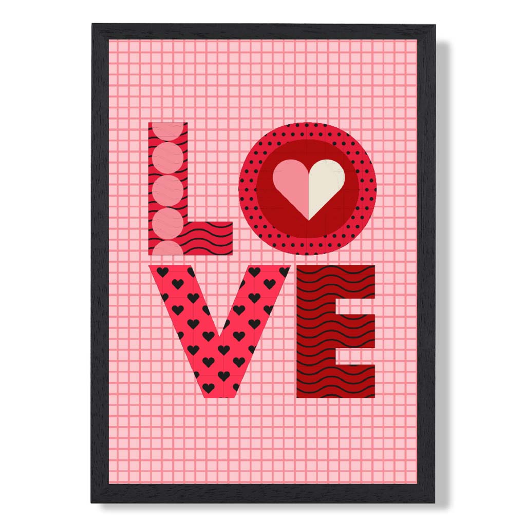 Retro Patterned LOVE  print in Black Wooden Frame