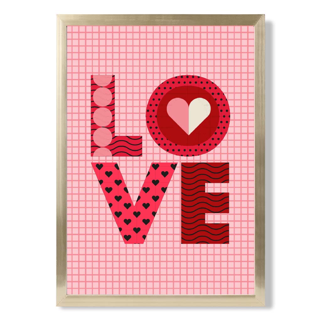 Retro Patterned LOVE  print in Gold Wooden Frame