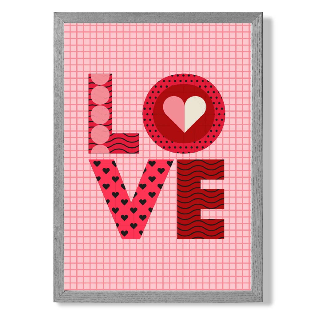 Retro Patterned LOVE  print in Light Grey Wooden Frame