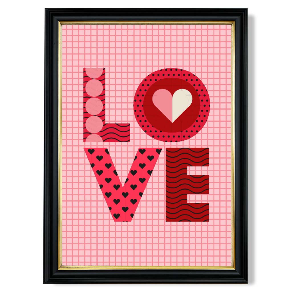 Retro Patterned LOVE  print in Black and Gold Frame