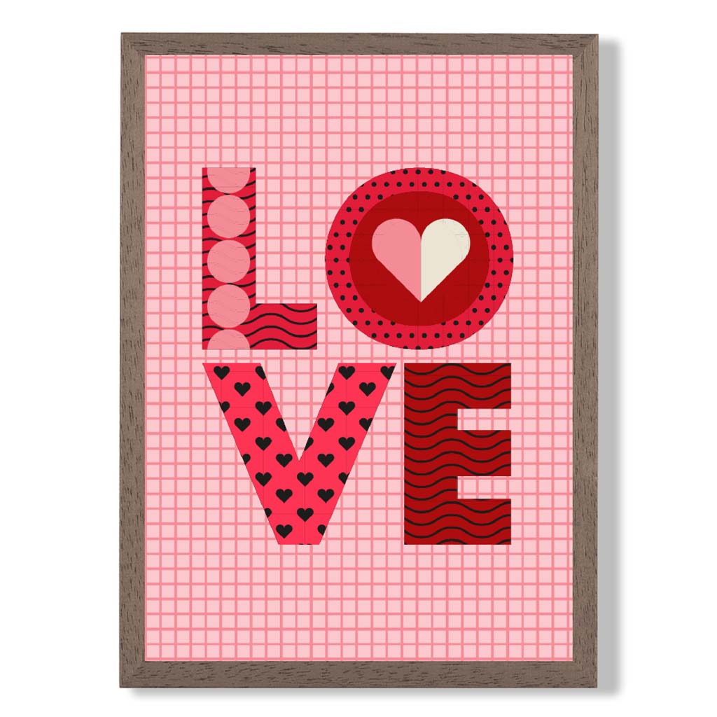 Retro Patterned LOVE  print in Walnut Wooden Frame