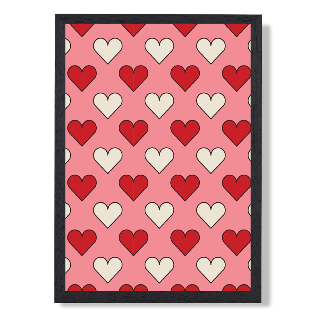 Retro Patterned Hearts print in Black Wooden Frame