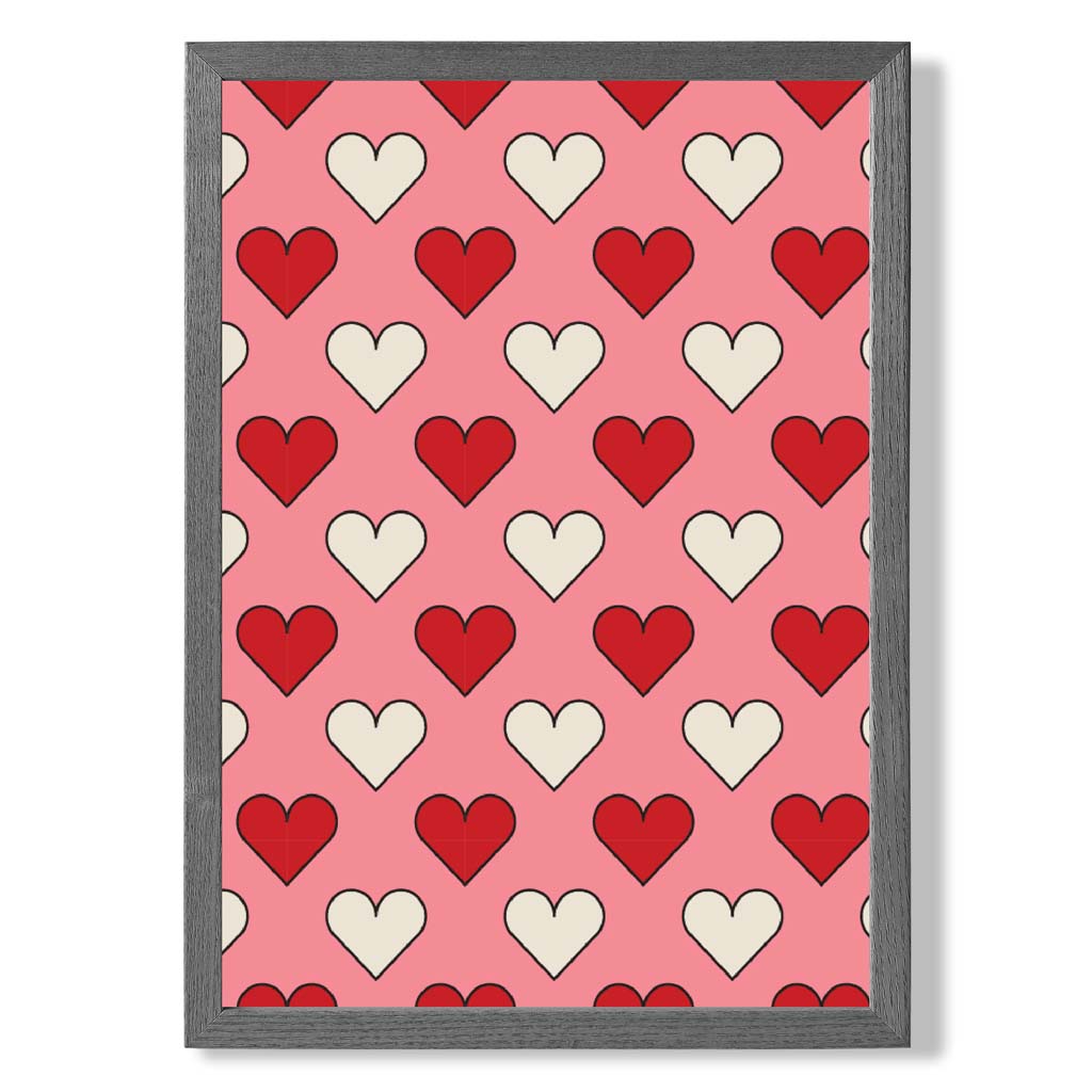 Retro Patterned Hearts print in Dark Grey Wooden Frame