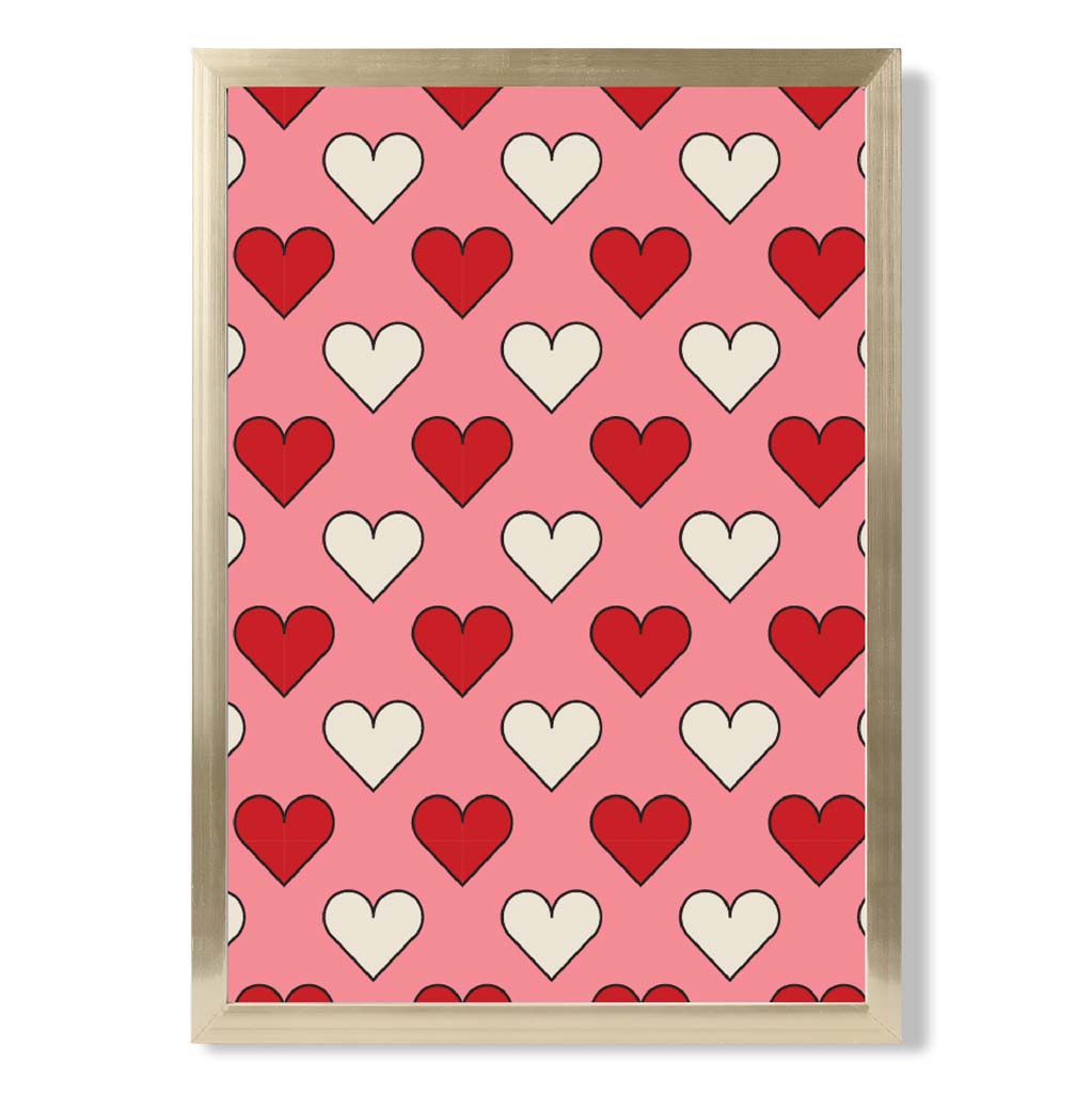 Retro Patterned Hearts print in Gold Wooden Frame