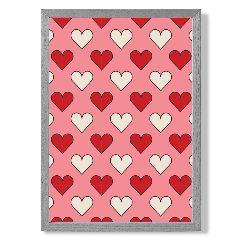 Retro Patterned Hearts print in Light Grey Wooden Frame