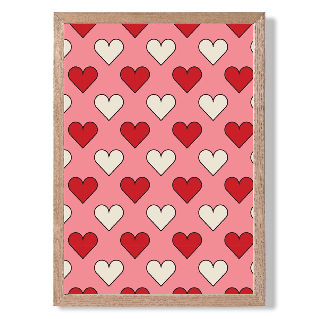 Retro Patterned Hearts print in Light Oak Wooden Frame