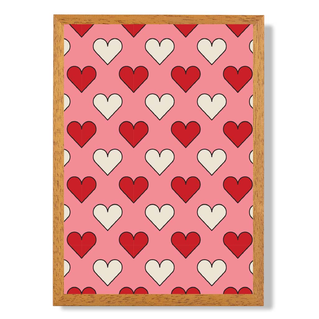 Retro Patterned Hearts print in Oak Wooden Frame