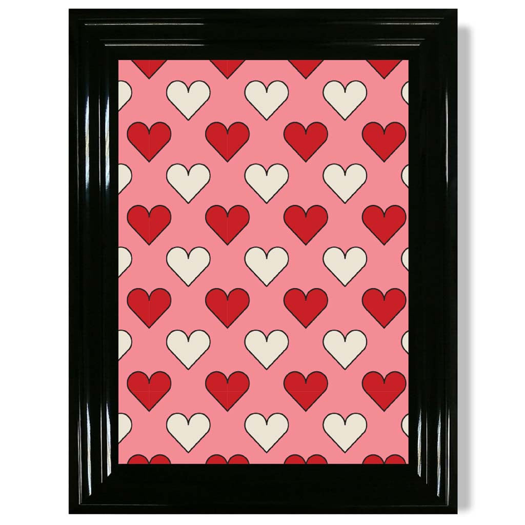 Retro Patterned Hearts print in Black Glossy Frame