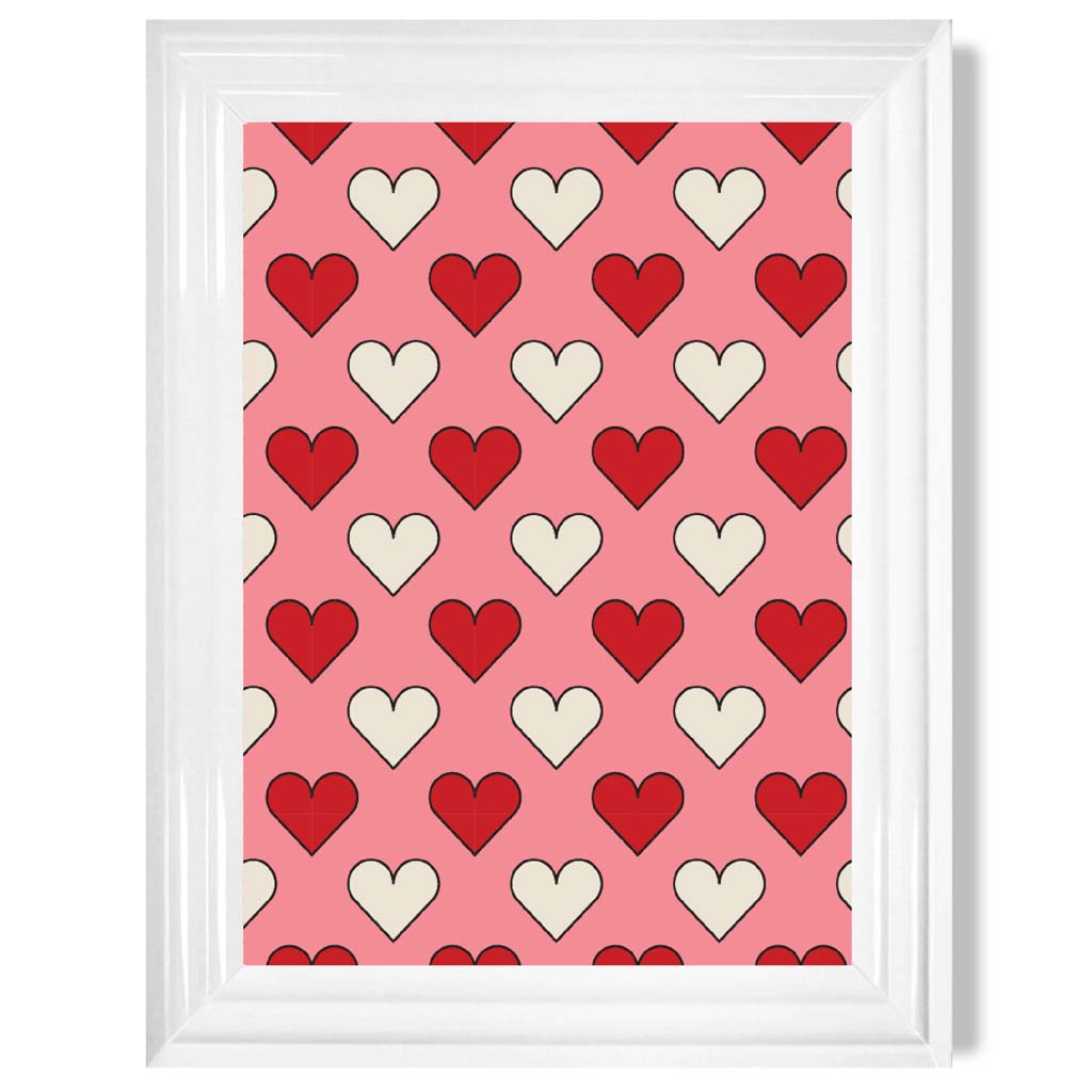 Retro Patterned Hearts print in White Glossy Frame