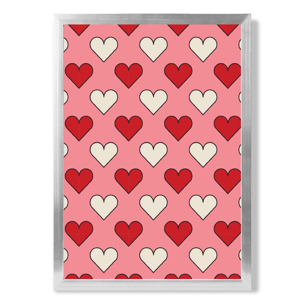 Retro Patterned Hearts print in Silver Wooden Frame